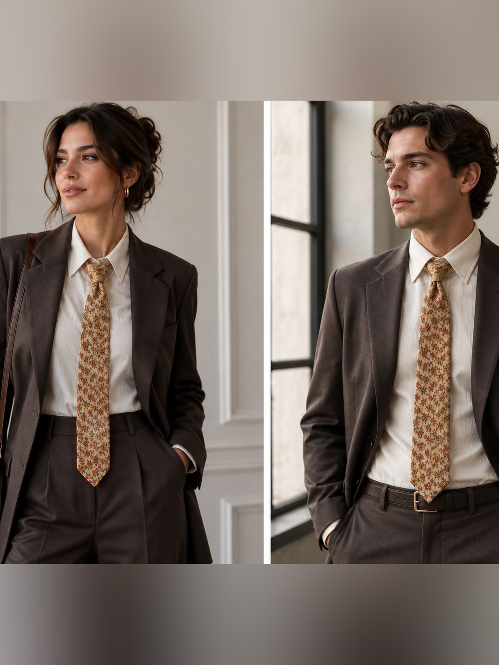 Lustre Silk Floral‎ Tie Beige Orange Vintage Style Necktie Pure Silk